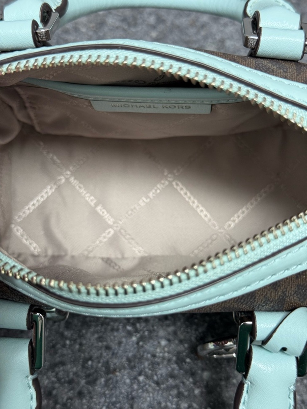 NWT Michael Kors Bedford Legacy XS Logo Duffle Crossbody Bag Brown/Aqua Blue 178 - Picture 12 of 16